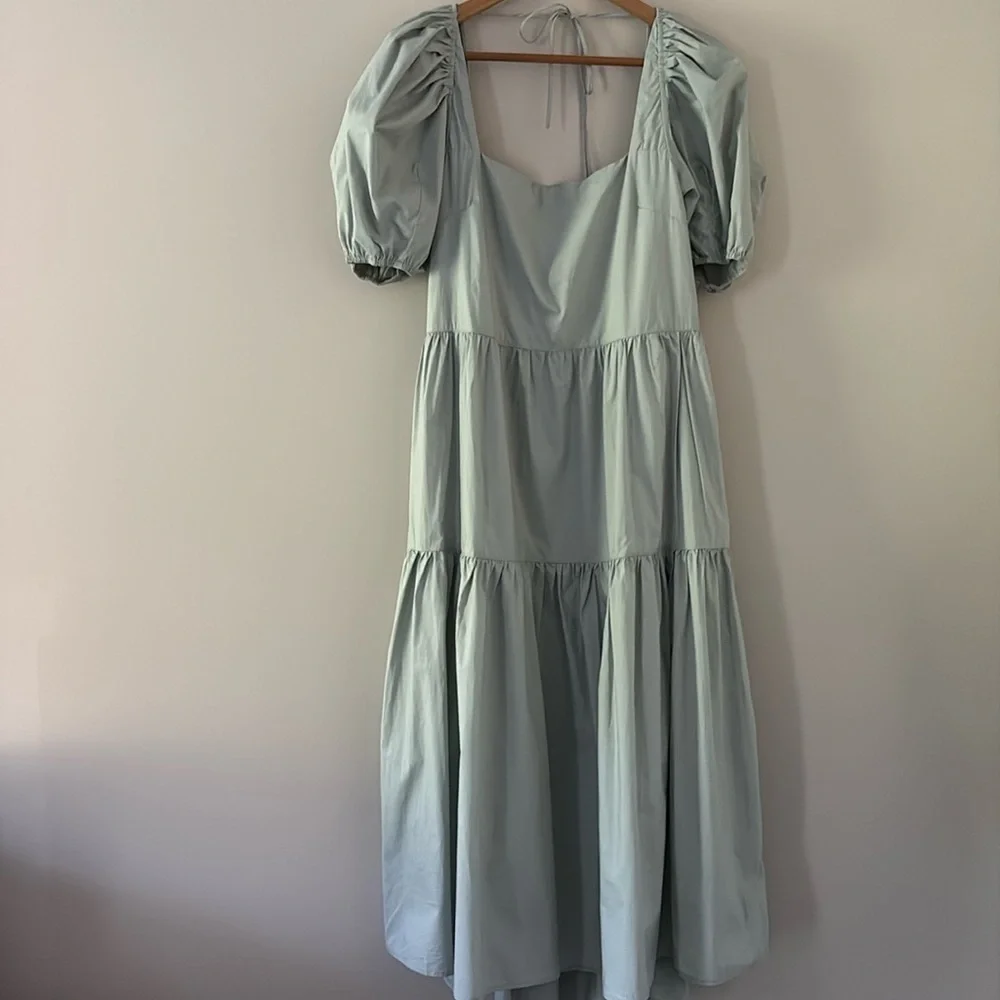 ASTR The Label llana Midi Dress Puff Sleeve Tiered‎ Skirt Tie Back Light Green M